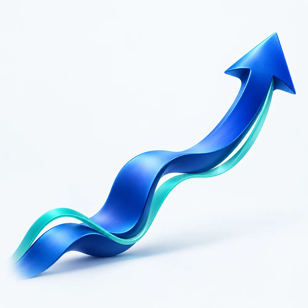 A cobalt path curves upward into an arrow, joined by a teal trajectory, symbolizing focused business growth